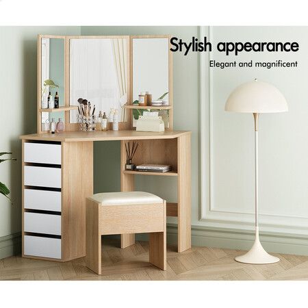 ALFORDSON Dressing Table Stool Set Makeup Tri-fold Mirror Vanity Desk Oak