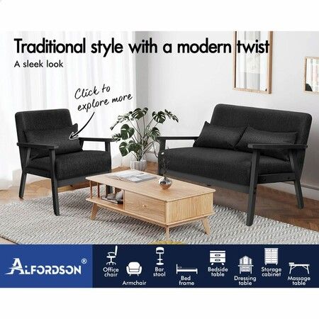 ALFORDSON Wooden Armchair 2 Seater Sofa Fabric Lounge Chair Accent Couch Seat Black