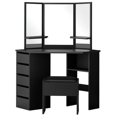 ALFORDSON Dressing Table Stool Set Makeup Tri-fold Mirror Vanity Desk Black