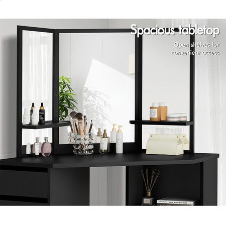 ALFORDSON Dressing Table Stool Set Makeup Tri-fold Mirror Vanity Desk Black