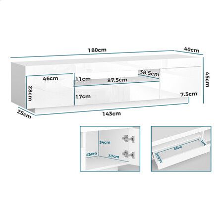 ALFORDSON Entertainment Unit 180cm TV Cabinet Stand LED Light Gloss White