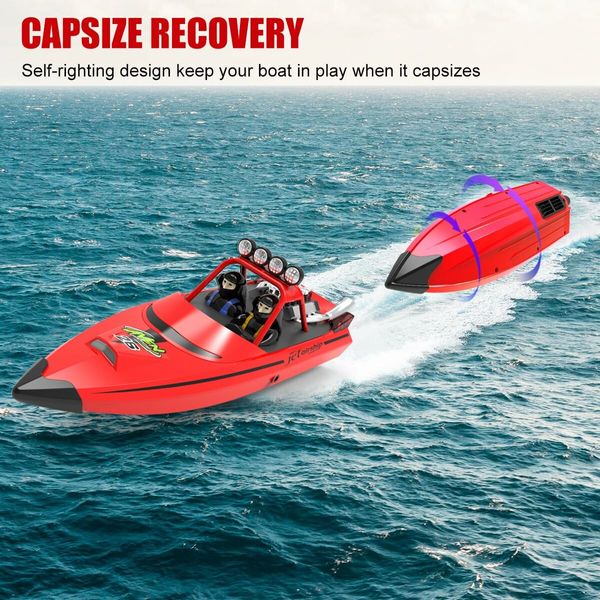 RC Boat,2.4GHz Self Righting Remote Control Boat,30KM/H Fast Speed Racing Jet Boats Gift Toy with LED Light,2 Rechargeable Batteries,Red