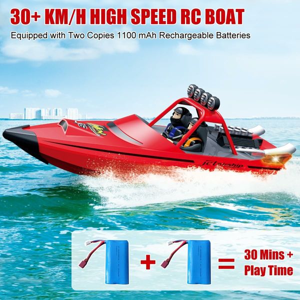 RC Boat,2.4GHz Self Righting Remote Control Boat,30KM/H Fast Speed Racing Jet Boats Gift Toy with LED Light,2 Rechargeable Batteries,Red
