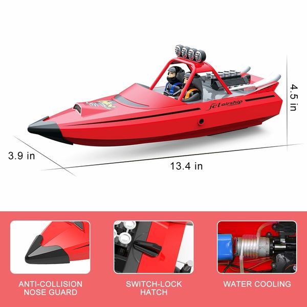 RC Boat,2.4GHz Self Righting Remote Control Boat,30KM/H Fast Speed Racing Jet Boats Gift Toy with LED Light,2 Rechargeable Batteries,Red