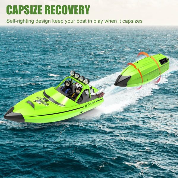 RC Boat,2.4GHz Self Righting Remote Control Boat,30KM/H Fast Speed Racing Jet Boats Gift Toy with LED Light,2 Rechargeable Batteries,Green