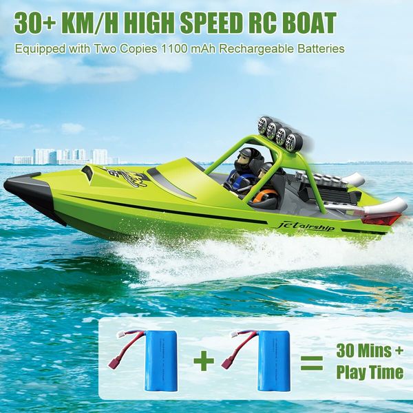 RC Boat,2.4GHz Self Righting Remote Control Boat,30KM/H Fast Speed Racing Jet Boats Gift Toy with LED Light,2 Rechargeable Batteries,Green