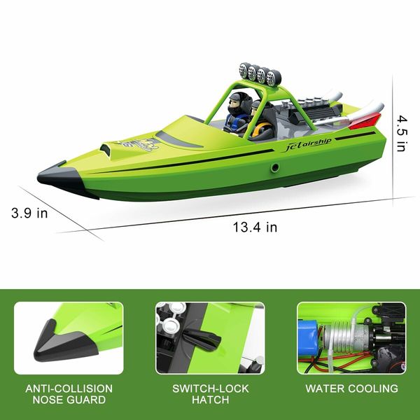 RC Boat,2.4GHz Self Righting Remote Control Boat,30KM/H Fast Speed Racing Jet Boats Gift Toy with LED Light,2 Rechargeable Batteries,Green