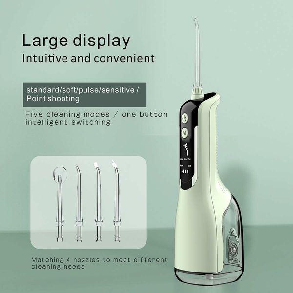 Oral Irrigator for Teeth Cleaner, 5 Modes and 4 Jet Tips, IPX7 Waterproof,300ML Detachable Water Tank for Home and Travel (Green)