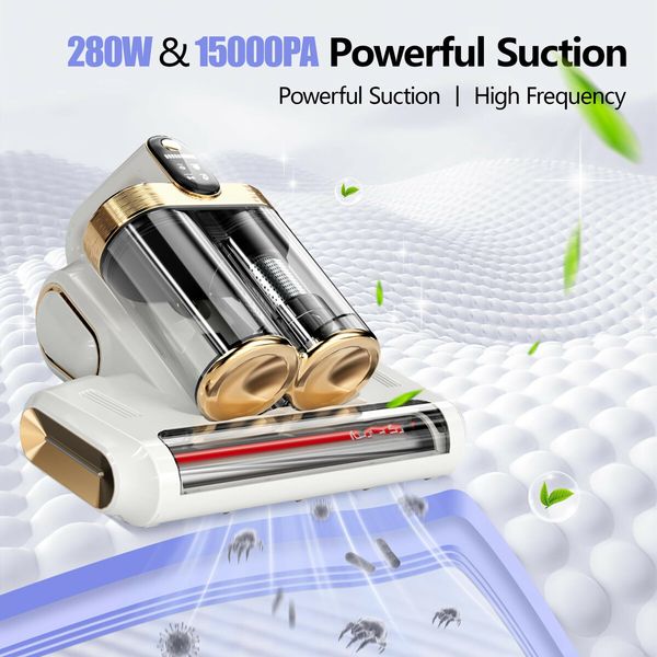Mattress Vacuum Cleaner UV Sanitizing, Cordless Bed Vacuum with 520 ML Double-Cup,HEPA Filter & Ultrasonic Heating Tech 13Kpa Suction Couch Vacuum-White