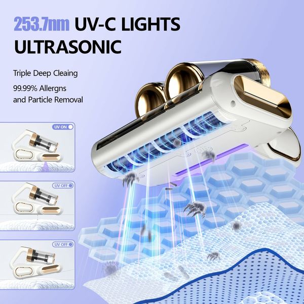 Mattress Vacuum Cleaner UV Sanitizing, Cordless Bed Vacuum with 520 ML Double-Cup,HEPA Filter & Ultrasonic Heating Tech 13Kpa Suction Couch Vacuum-White