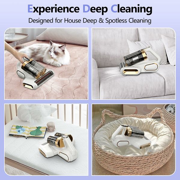 Mattress Vacuum Cleaner UV Sanitizing, Cordless Bed Vacuum with 520 ML Double-Cup,HEPA Filter & Ultrasonic Heating Tech 13Kpa Suction Couch Vacuum-White