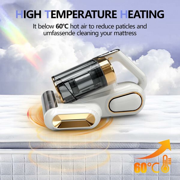 Mattress Vacuum Cleaner UV Sanitizing, Cordless Bed Vacuum with 520 ML Double-Cup,HEPA Filter & Ultrasonic Heating Tech 13Kpa Suction Couch Vacuum-White