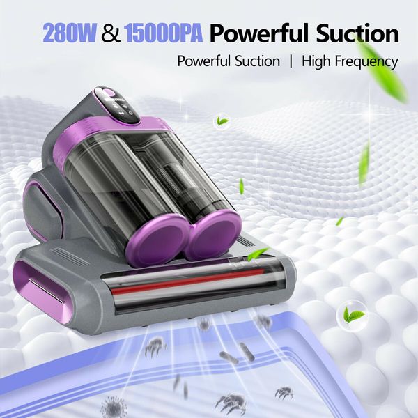 Mattress Vacuum Cleaner UV Sanitizing, Cordless Bed Vacuum with 520 ML Double-Cup,HEPA Filter & Ultrasonic Heating Tech 13Kpa Suction Couch Vacuum-Grey