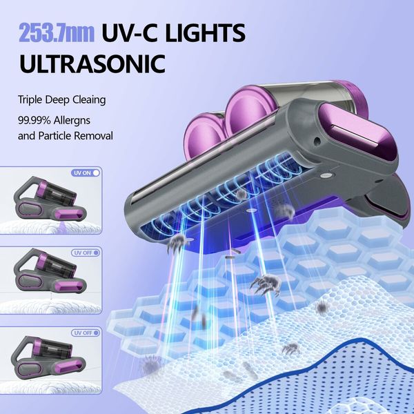 Mattress Vacuum Cleaner UV Sanitizing, Cordless Bed Vacuum with 520 ML Double-Cup,HEPA Filter & Ultrasonic Heating Tech 13Kpa Suction Couch Vacuum-Grey
