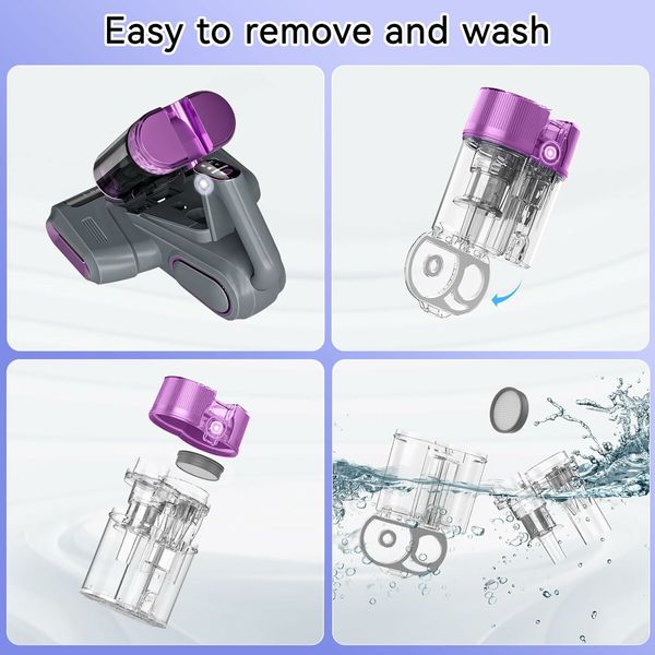 Mattress Vacuum Cleaner UV Sanitizing, Cordless Bed Vacuum with 520 ML Double-Cup,HEPA Filter & Ultrasonic Heating Tech 13Kpa Suction Couch Vacuum-Grey