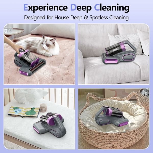 Mattress Vacuum Cleaner UV Sanitizing, Cordless Bed Vacuum with 520 ML Double-Cup,HEPA Filter & Ultrasonic Heating Tech 13Kpa Suction Couch Vacuum-Grey