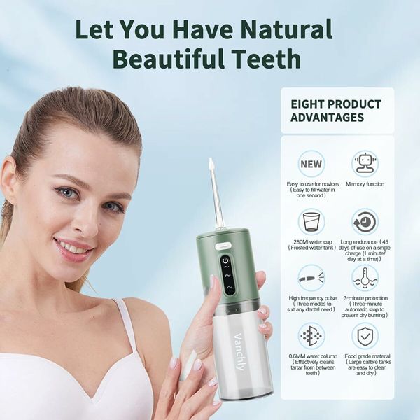 Water Flosser for Teeth Cordless, Oral Irrigator, Rechargeable Dental Water Jet with 280ML Water Tank and 5 Jet Tips for Travel Home (Green)