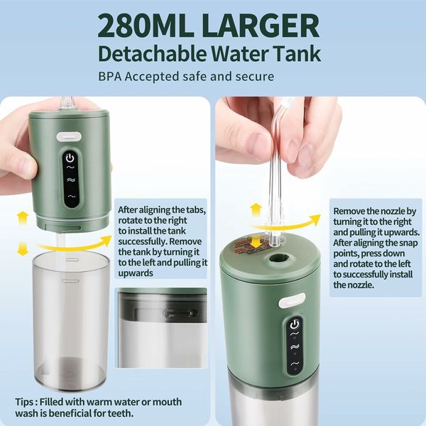 Water Flosser for Teeth Cordless, Oral Irrigator, Rechargeable Dental Water Jet with 280ML Water Tank and 5 Jet Tips for Travel Home (Green)