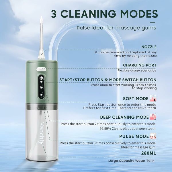 Water Flosser for Teeth Cordless, Oral Irrigator, Rechargeable Dental Water Jet with 280ML Water Tank and 5 Jet Tips for Travel Home (Green)