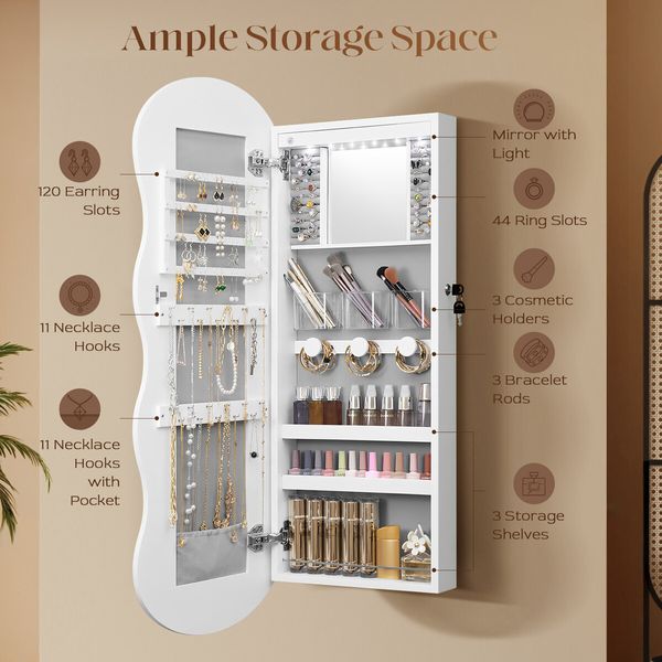 Wall Mirror Cabinet LED Lighted Jewelry Box Cosmetic Beauty Makeup Storage Armoire Lockable Case Organiser Vanity Hanging Shaving Dressing 44x10x106cm