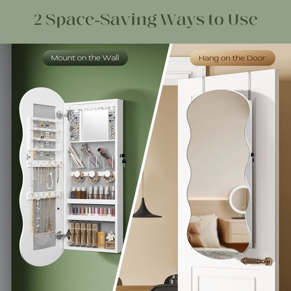Wall Mirror Cabinet LED Lighted Jewelry Box Cosmetic Beauty Makeup Storage Armoire Lockable Case Organiser Vanity Hanging Shaving Dressing 44x10x106cm