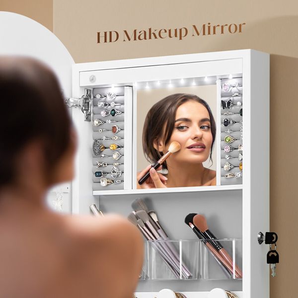 Wall Mirror Cabinet LED Lighted Jewelry Box Cosmetic Beauty Makeup Storage Armoire Lockable Case Organiser Vanity Hanging Shaving Dressing 44x10x106cm