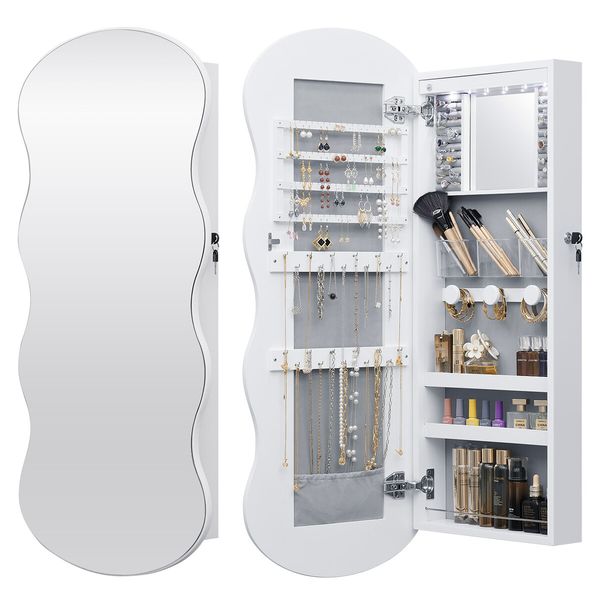 Wall Mirror Cabinet LED Lighted Jewelry Box Cosmetic Beauty Makeup Storage Armoire Lockable Case Organiser Vanity Hanging Shaving Dressing 44x10x106cm