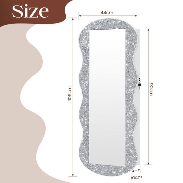Lockable Mirror Cabinet Jewellery Box Armoire Door Wall Mounted Makeup Cosmetic Beauty Organiser Case with LED Lights Bedroom Dressing 44x10x106cm