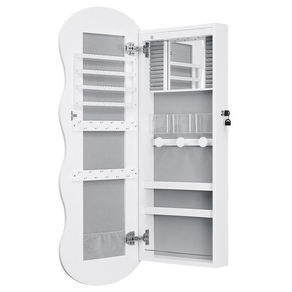 Lockable Mirror Cabinet Jewellery Box Armoire Door Wall Mounted Makeup Cosmetic Beauty Organiser Case with LED Lights Bedroom Dressing 44x10x106cm