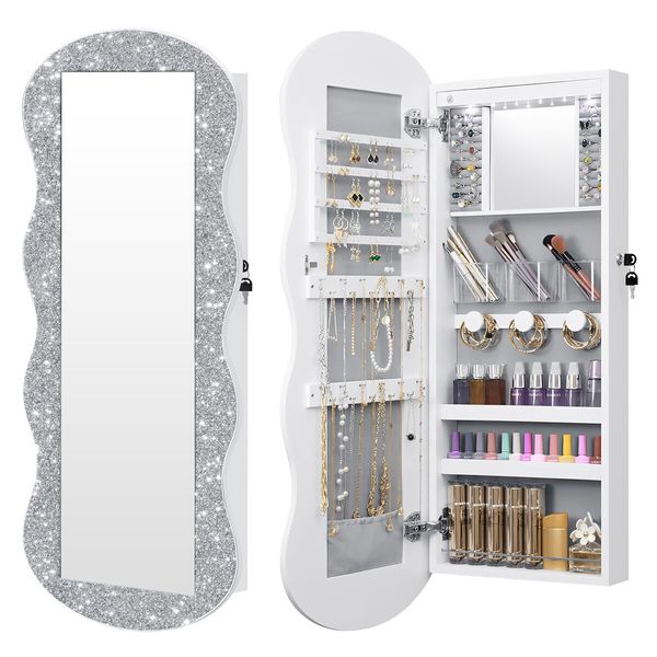 Lockable Mirror Cabinet Jewellery Box Armoire Door Wall Mounted Makeup Cosmetic Beauty Organiser Case with LED Lights Bedroom Dressing 44x10x106cm