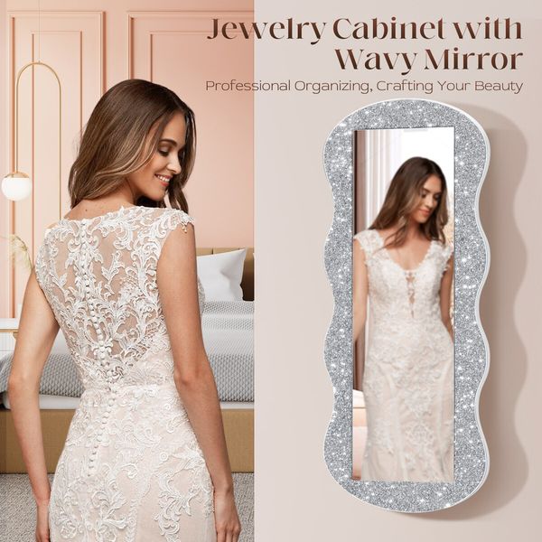 Lockable Mirror Cabinet Jewellery Box Armoire Door Wall Mounted Makeup Cosmetic Beauty Organiser Case with LED Lights Bedroom Dressing 44x10x106cm