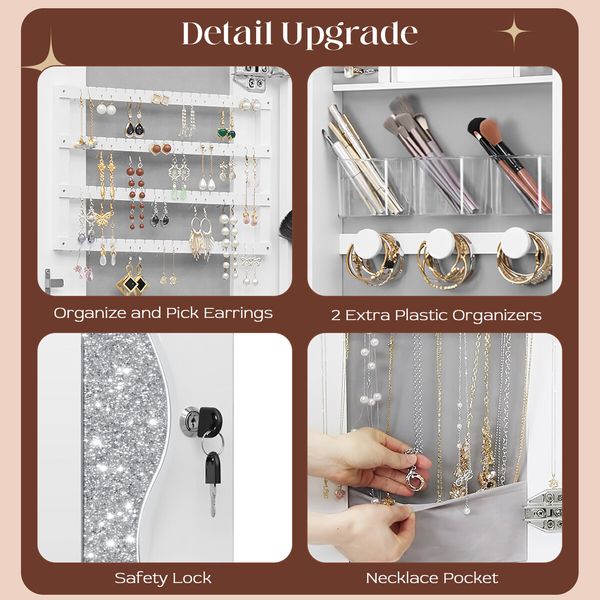Lockable Mirror Cabinet Jewellery Box Armoire Door Wall Mounted Makeup Cosmetic Beauty Organiser Case with LED Lights Bedroom Dressing 44x10x106cm