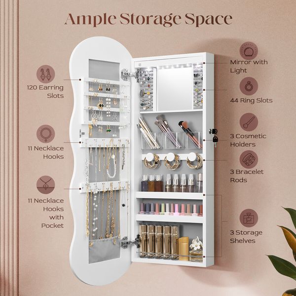 Lockable Mirror Cabinet Jewellery Box Armoire Door Wall Mounted Makeup Cosmetic Beauty Organiser Case with LED Lights Bedroom Dressing 44x10x106cm