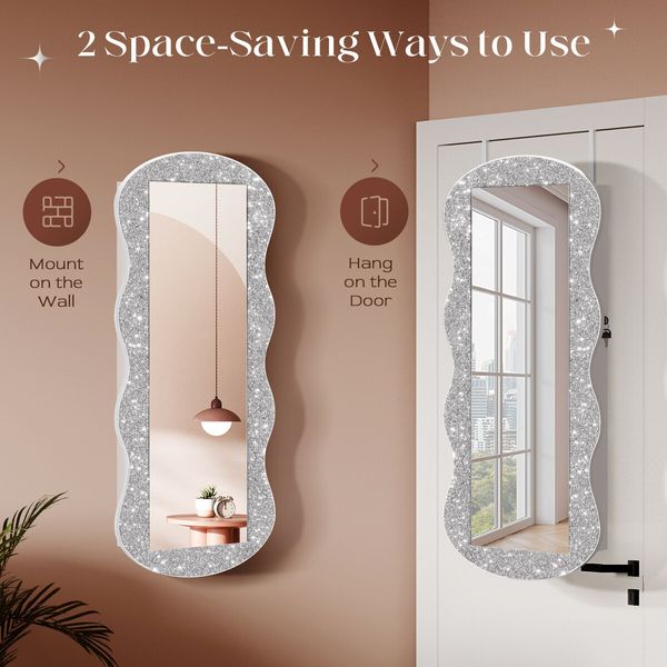 Lockable Mirror Cabinet Jewellery Box Armoire Door Wall Mounted Makeup Cosmetic Beauty Organiser Case with LED Lights Bedroom Dressing 44x10x106cm