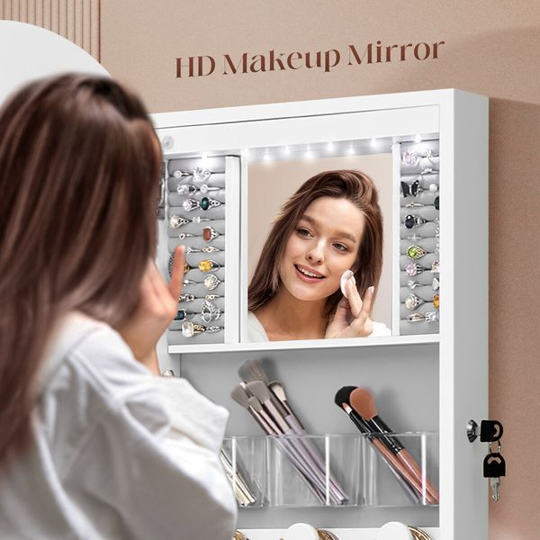 Lockable Mirror Cabinet Jewellery Box Armoire Door Wall Mounted Makeup Cosmetic Beauty Organiser Case with LED Lights Bedroom Dressing 44x10x106cm