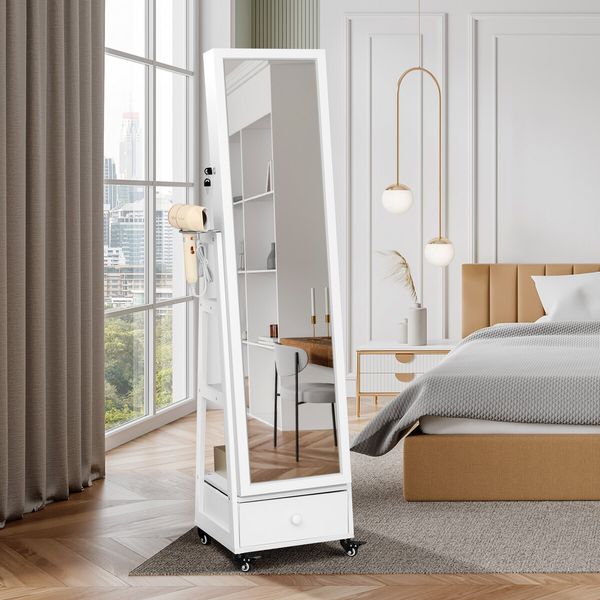 Full Length Floor Mirror Jewellery Cabinet Armoire Organiser Storage Shelf Free Standing Box Vanity Makeup Dressing with Wheels LED Lights 40x37x160cm