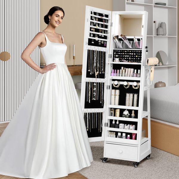 Full Length Floor Mirror Jewellery Cabinet Armoire Organiser Storage Shelf Free Standing Box Vanity Makeup Dressing with Wheels LED Lights 40x37x160cm