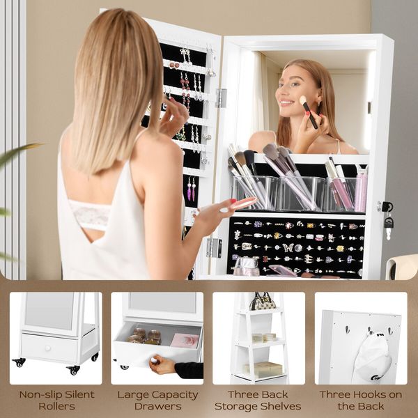 Full Length Floor Mirror Jewellery Cabinet Armoire Organiser Storage Shelf Free Standing Box Vanity Makeup Dressing with Wheels LED Lights 40x37x160cm