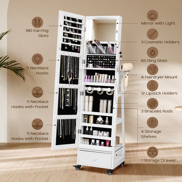 Full Length Floor Mirror Jewellery Cabinet Armoire Organiser Storage Shelf Free Standing Box Vanity Makeup Dressing with Wheels LED Lights 40x37x160cm