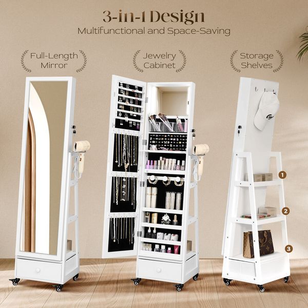Full Length Floor Mirror Jewellery Cabinet Armoire Organiser Storage Shelf Free Standing Box Vanity Makeup Dressing with Wheels LED Lights 40x37x160cm