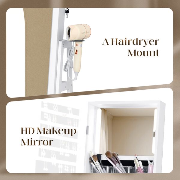 Full Length Floor Mirror Jewellery Cabinet Armoire Organiser Storage Shelf Free Standing Box Vanity Makeup Dressing with Wheels LED Lights 40x37x160cm