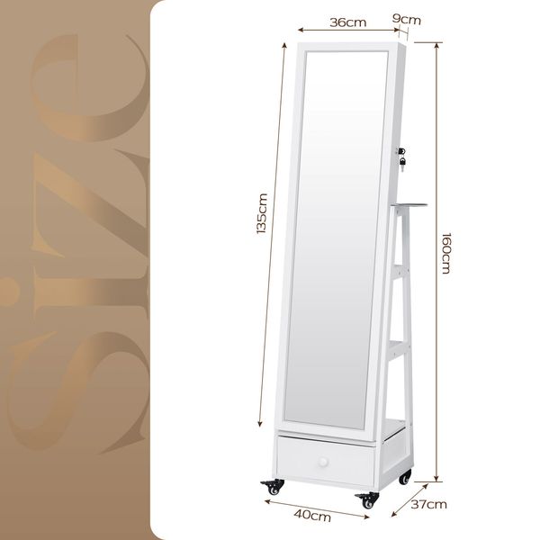 Full Length Floor Mirror Jewellery Cabinet Armoire Organiser Storage Shelf Free Standing Box Vanity Makeup Dressing with Wheels LED Lights 40x37x160cm