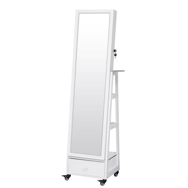 Full Length Floor Mirror Jewellery Cabinet Armoire Organiser Storage Shelf Free Standing Box Vanity Makeup Dressing with Wheels LED Lights 40x37x160cm