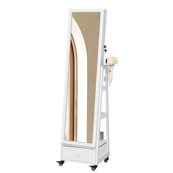 Full Length Floor Mirror Jewellery Cabinet Armoire Organiser Storage Shelf Free Standing Box Vanity Makeup Dressing with Wheels LED Lights 40x37x160cm