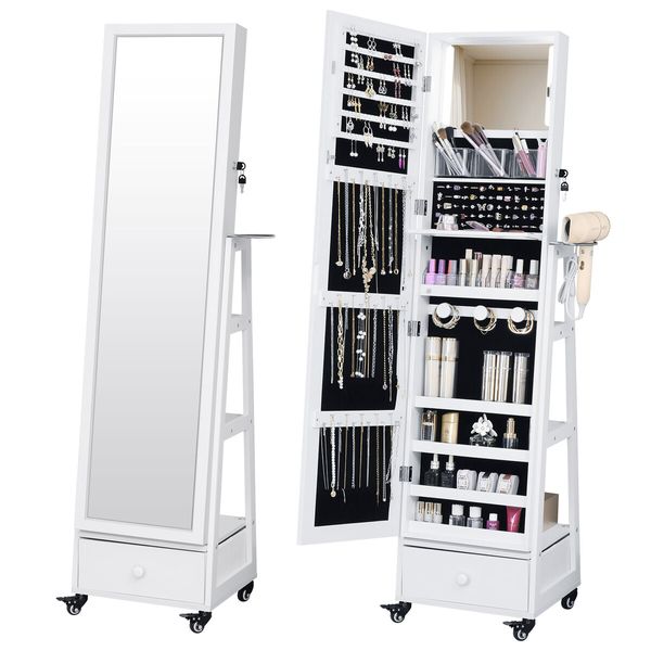 Full Length Floor Mirror Jewellery Cabinet Armoire Organiser Storage Shelf Free Standing Box Vanity Makeup Dressing with Wheels LED Lights 40x37x160cm
