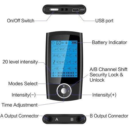 TENS EMS Muscle Stimulator Electric Massager Machine Portable Back Neck Nerve Knee Massage Device Rechargeable Unit 16 Modes Black