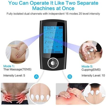 TENS EMS Muscle Stimulator Electric Massager Machine Portable Back Neck Nerve Knee Massage Device Rechargeable Unit 16 Modes Black