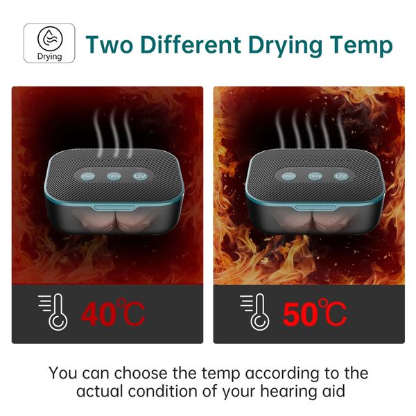 Hearing Aids Dryer Dehumidifier Led Uv Drying Case Timing and 2 Temperature Mode Type C Power Hearing Aid Maintenance Care Accessory
