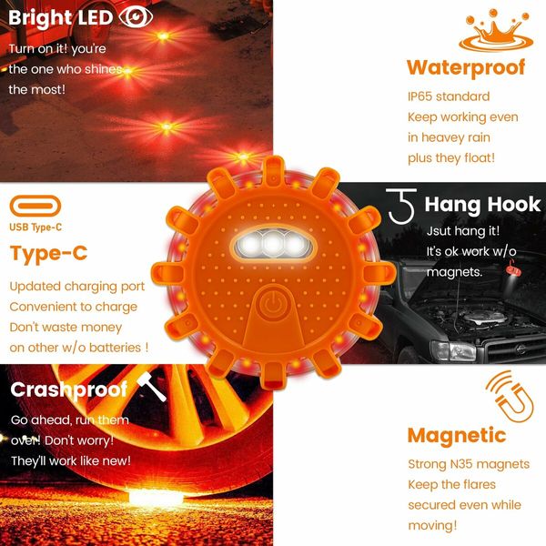USB-C Rechargeable LED Road Flares Emergency Lights-Large Capacity,3 in 1 Cable Roadside Warning Car Safety Beacon Flashing Disc Kit (3 Pack)