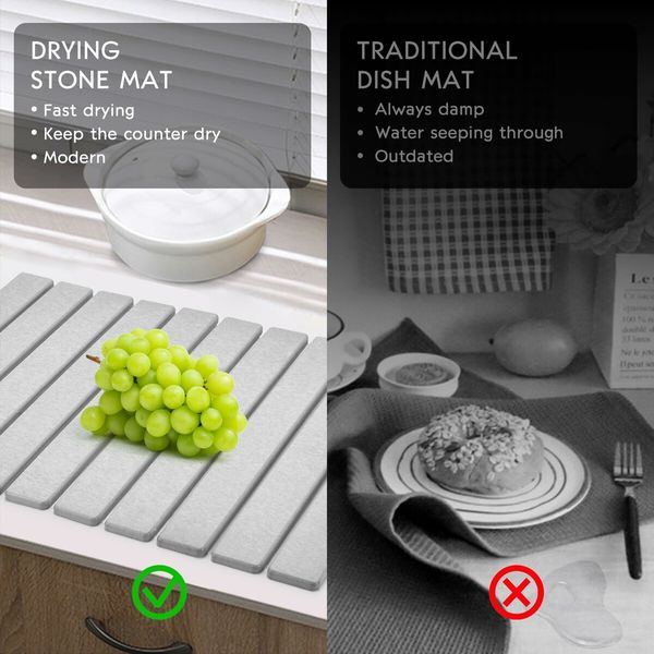 Large Stone Dish Drying Mats for Kitchen Counter,Quick Dry Collapsible Dish Drying Mat,Eco-Friendly Absorbent Diatomaceous Earth Mats (Grey)